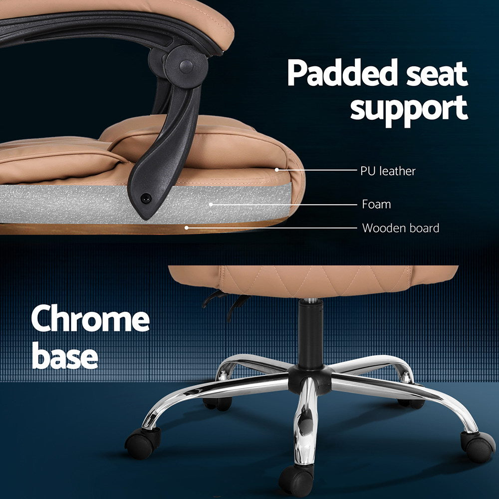 Executive Office Chair PU Leather 8-Point Massage - Tan Brown - Homecoze