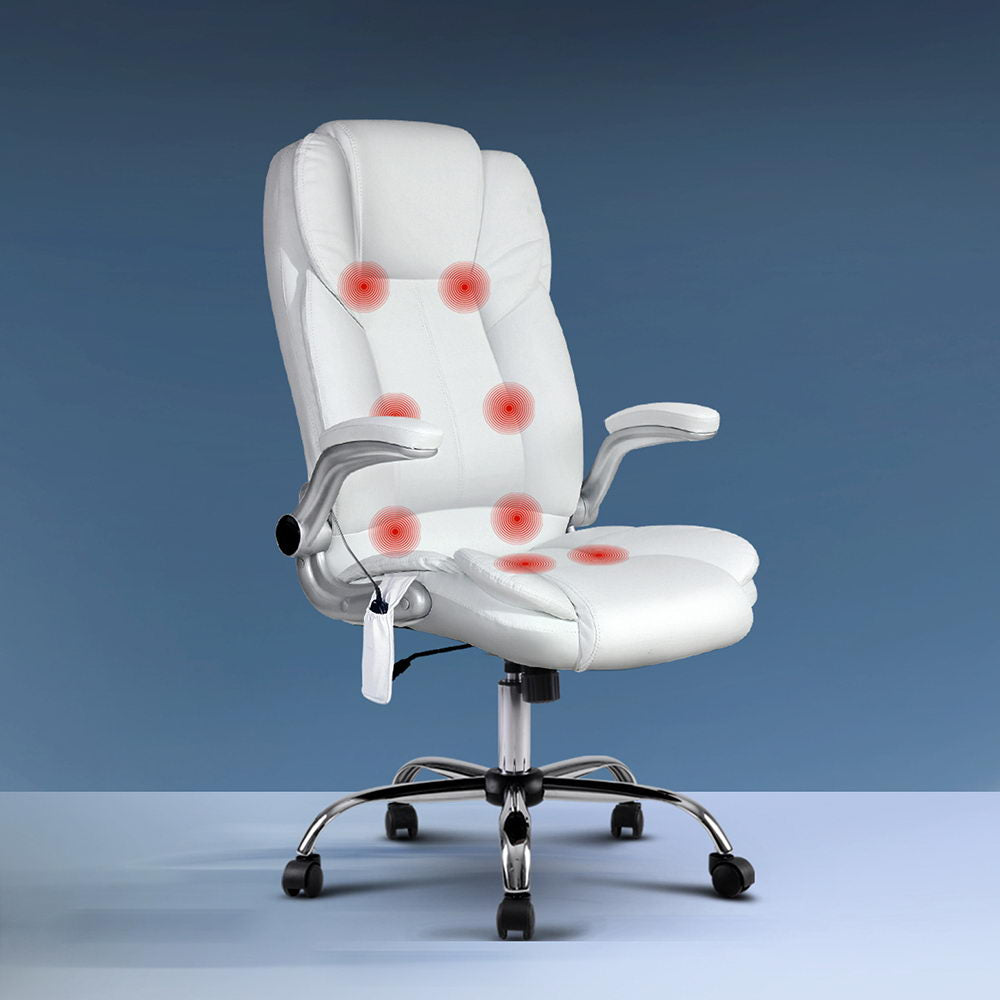 8-Point Massage Office Chair PU Leather - White - Homecoze