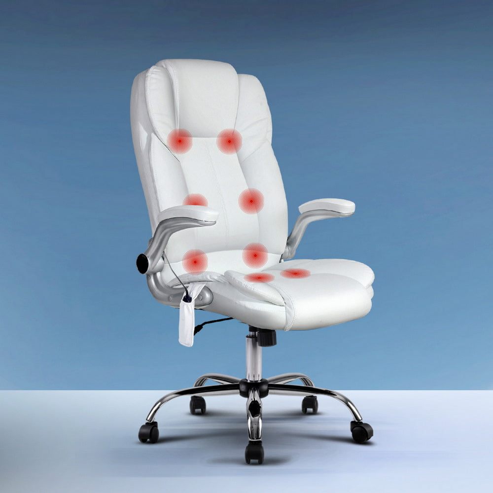 8-Point Massage Office Chair PU Leather - White - Homecoze