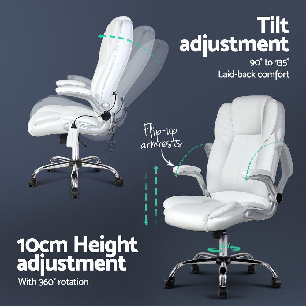 8-Point Massage Office Chair PU Leather - White - Homecoze