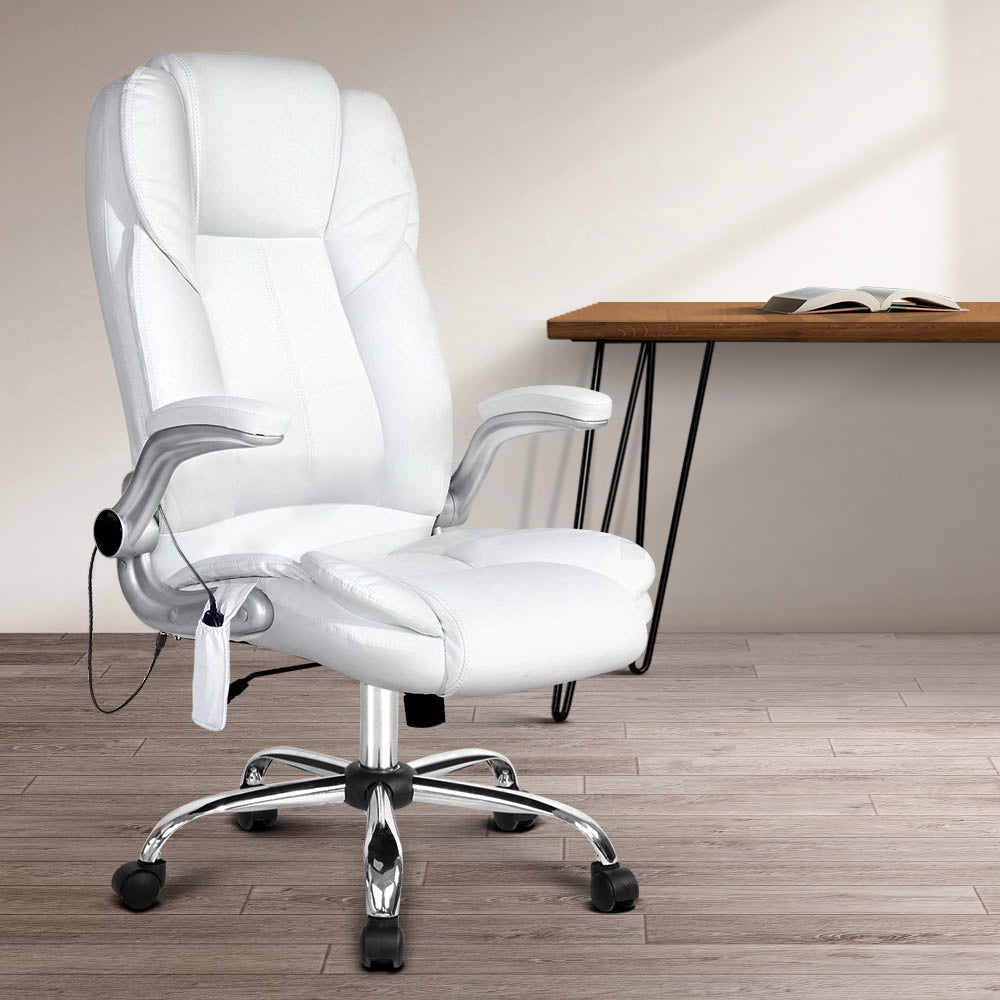 8-Point Massage Office Chair PU Leather - White - Homecoze