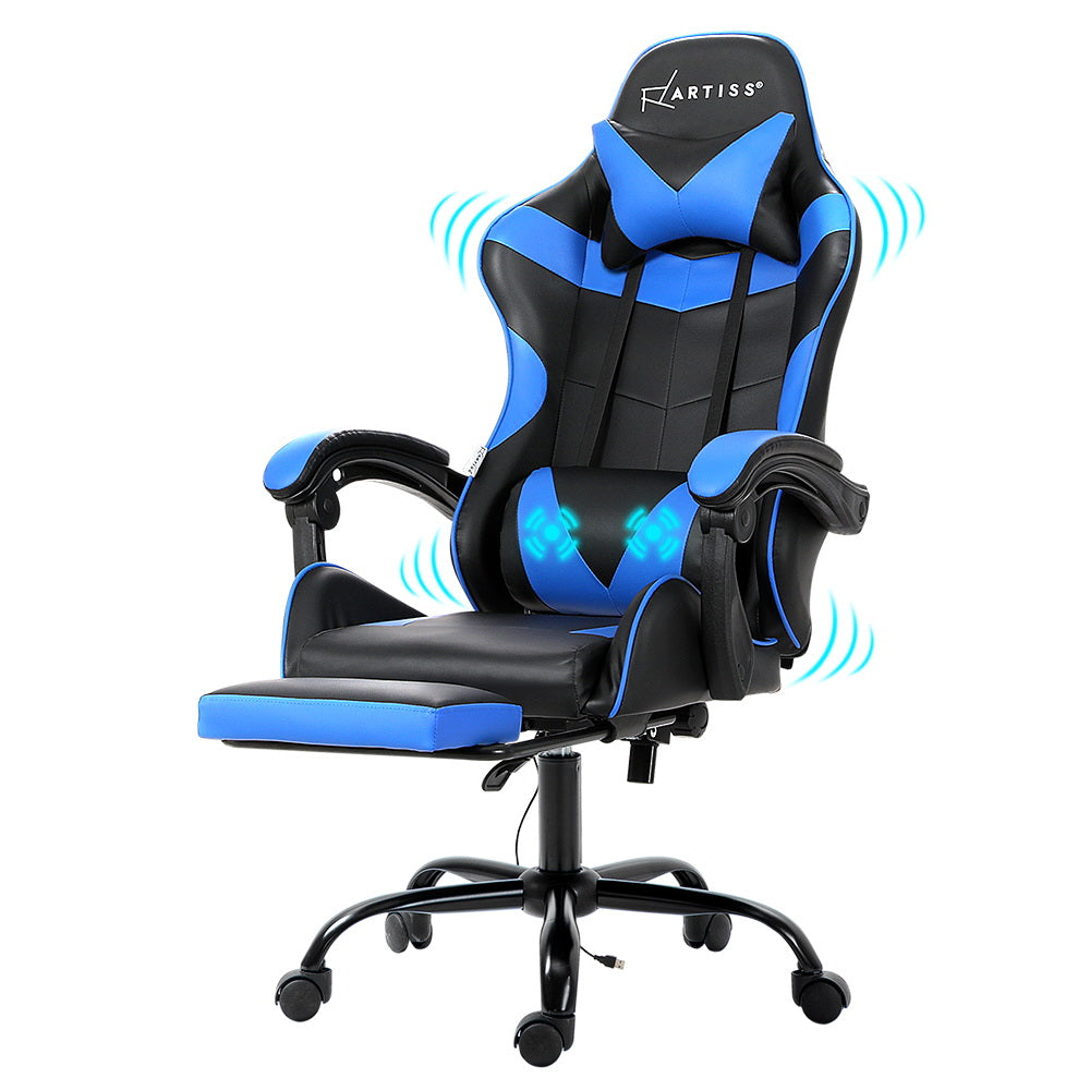 Racer Office Chair with Massage & Footrest - Blue