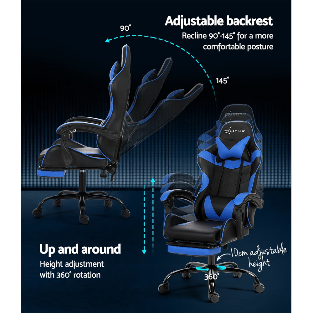 Racer Office Chair with Massage & Footrest - Blue