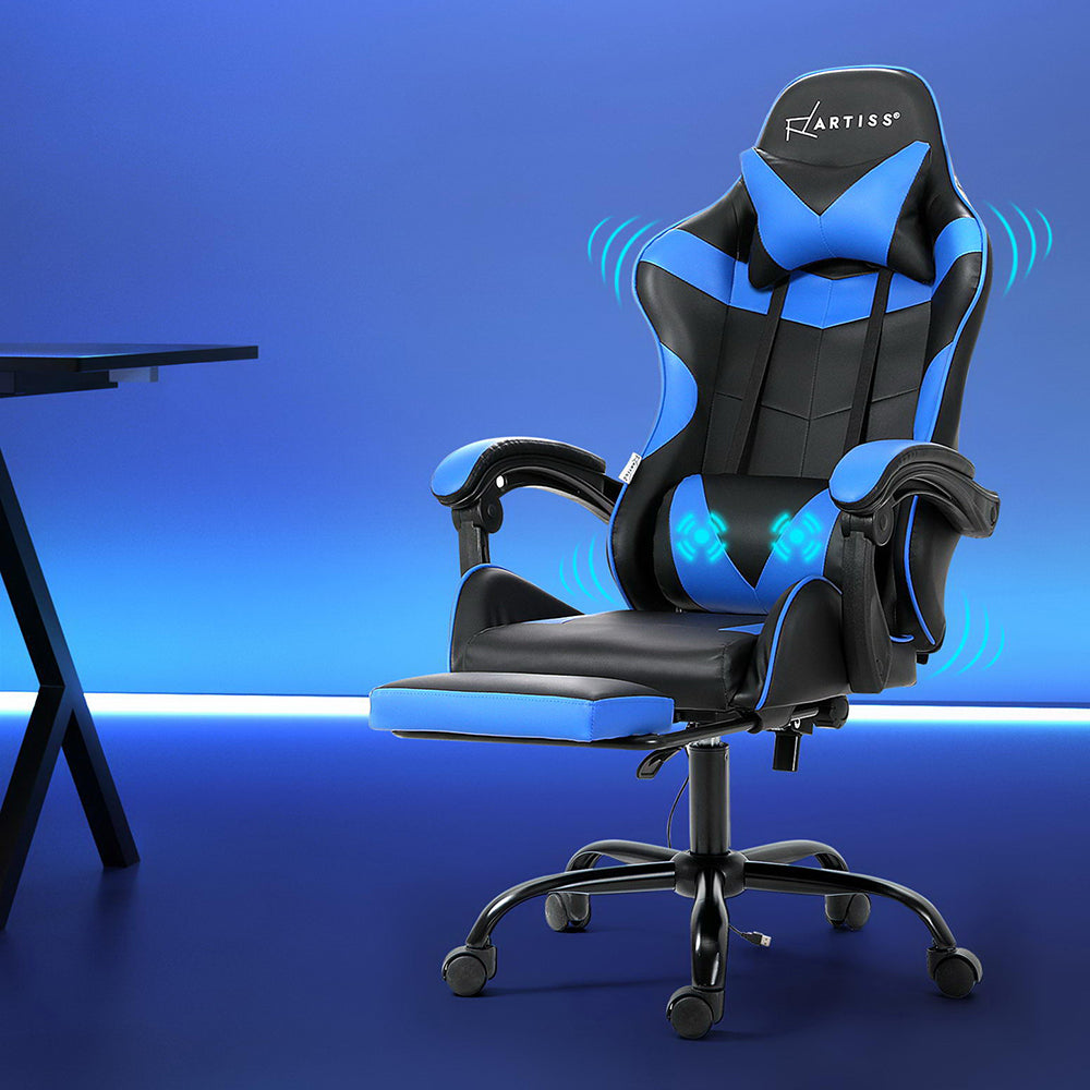 Racer Office Chair with Massage & Footrest - Blue - Homecoze