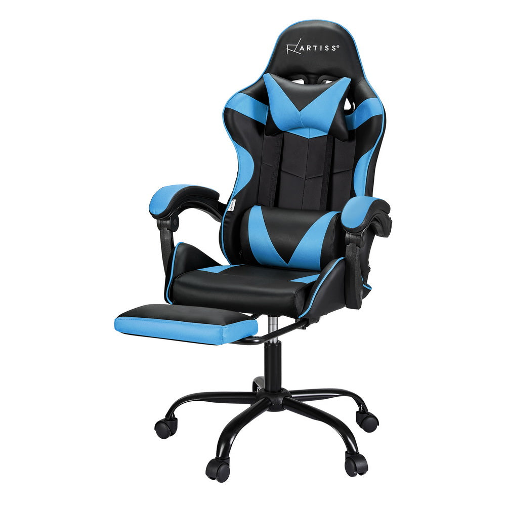 Racer Office Chair with Massage & Footrest - Cyan Blue