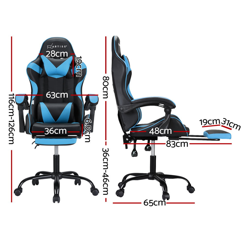 Racer Office Chair with Massage & Footrest - Cyan Blue