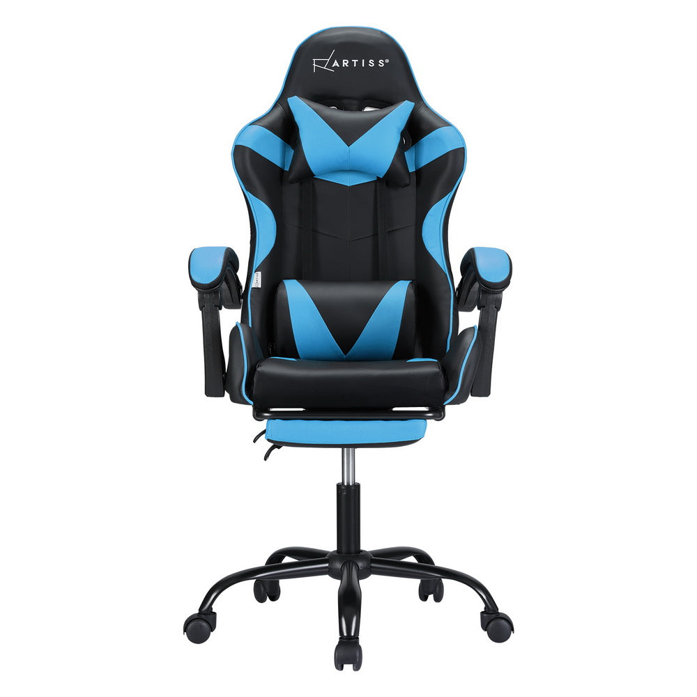 Racer Office Chair with Massage & Footrest - Cyan Blue