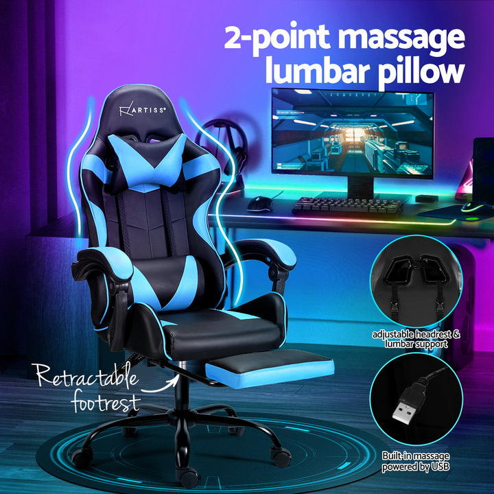 Racer Office Chair with Massage & Footrest - Cyan Blue