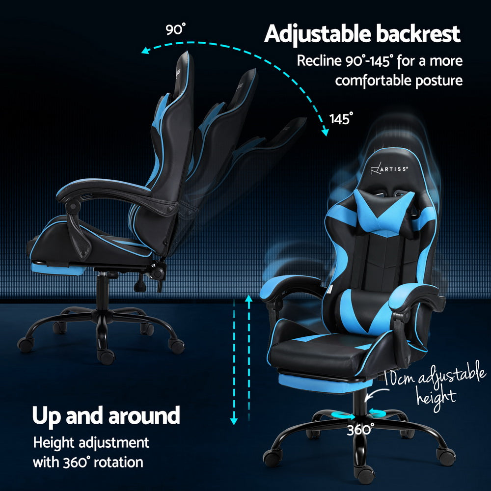 Racer Office Chair with Massage & Footrest - Cyan Blue