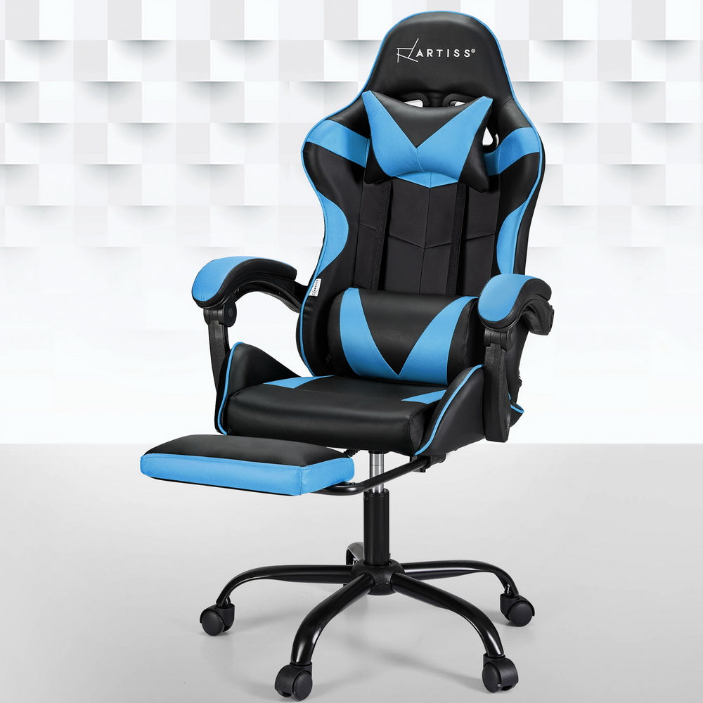 Racer Office Chair with Massage & Footrest - Cyan Blue