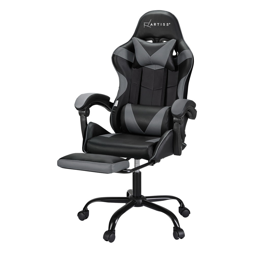 Racer Office Chair with Massage & Footrest - Grey