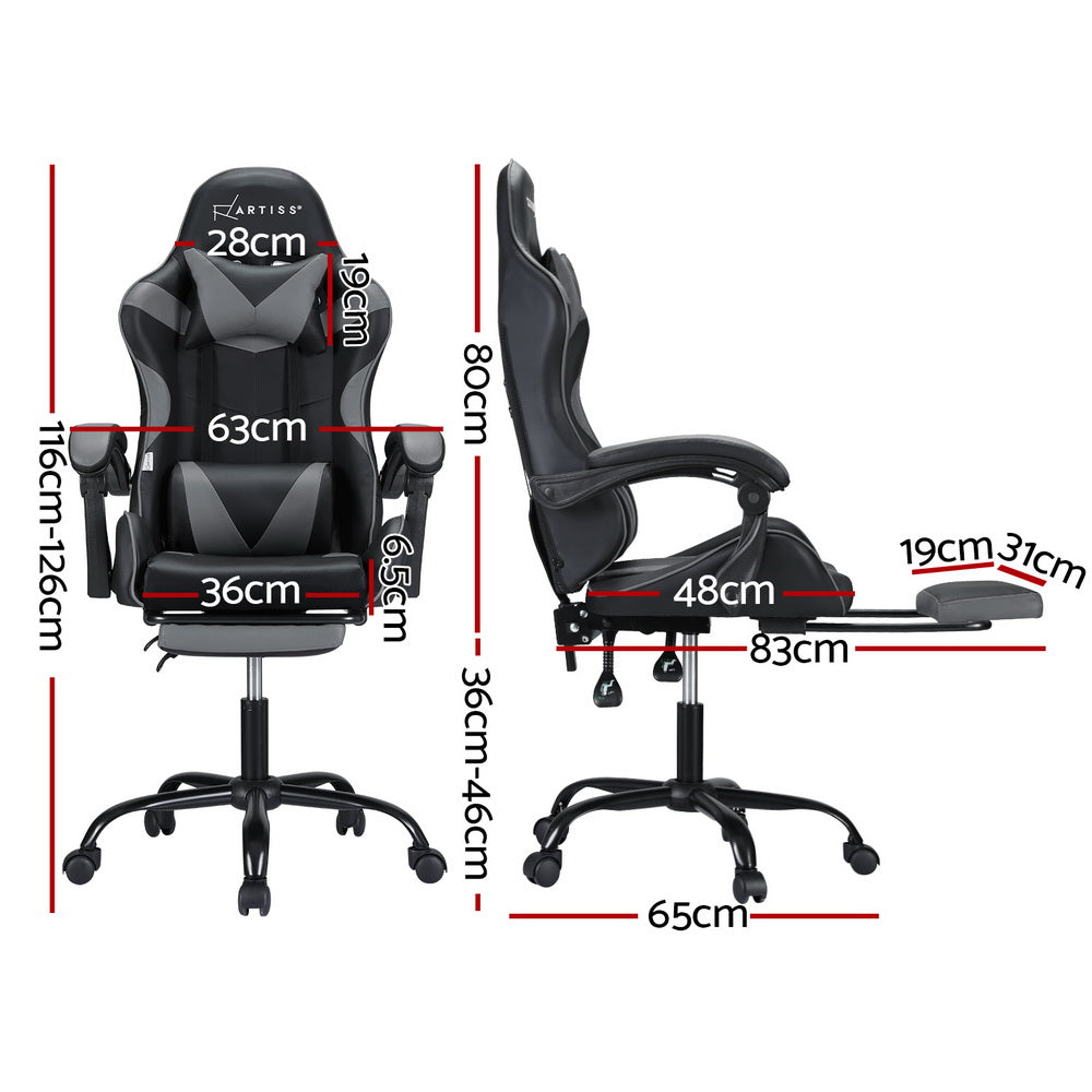 Racer Office Chair with Massage & Footrest - Grey - Homecoze