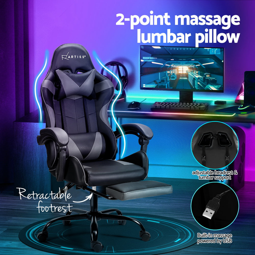 Racer Office Chair with Massage & Footrest - Grey - Homecoze