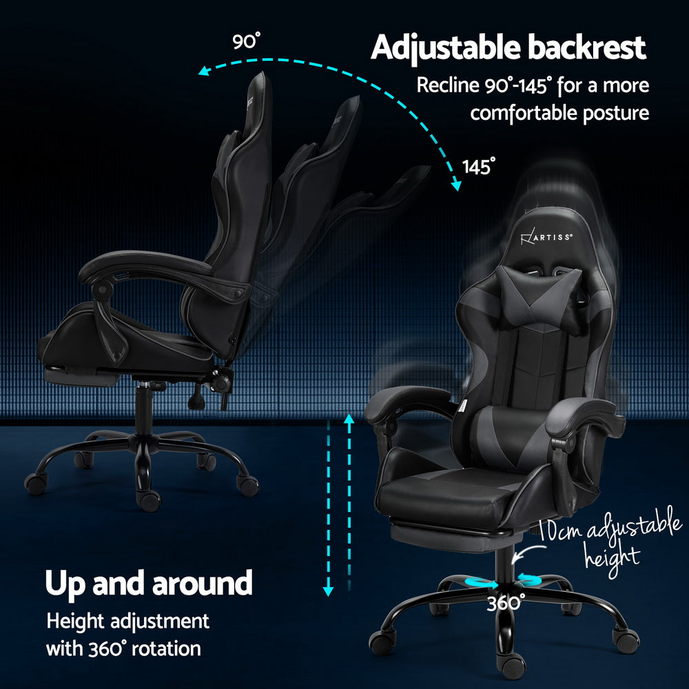 Racer Office Chair with Massage & Footrest - Grey - Homecoze