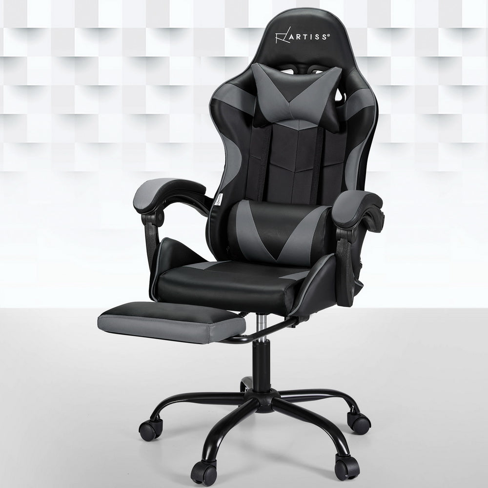 Racer Office Chair with Massage & Footrest - Grey - Homecoze