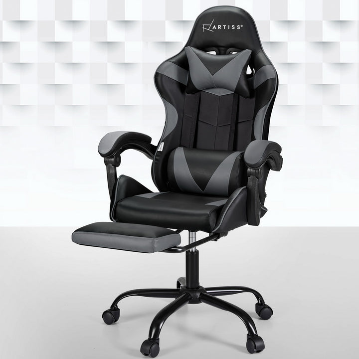 Racer Office Chair with Massage & Footrest - Grey