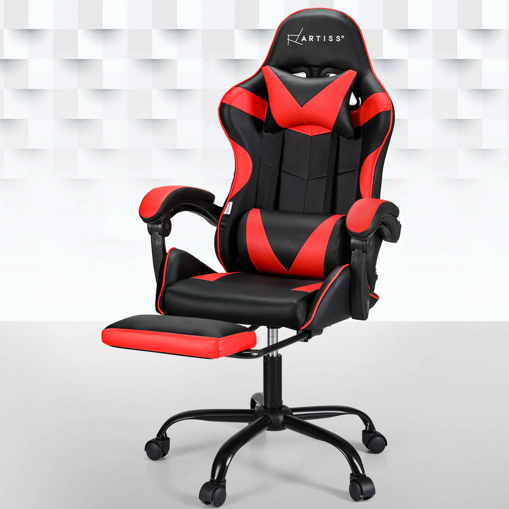 Racer Office Chair with Massage & Footrest - Red - Homecoze