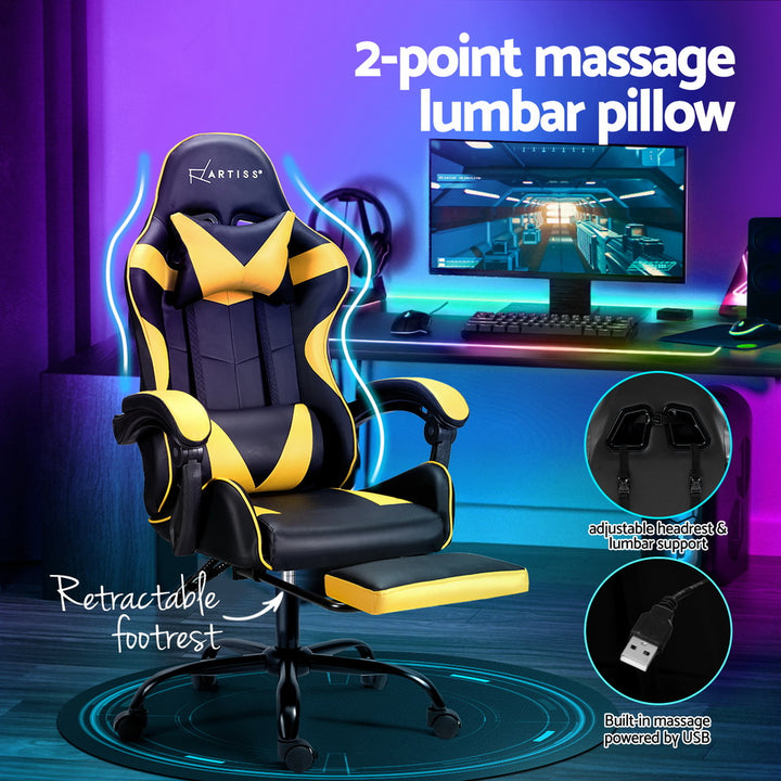 Racer Office Chair with Massage & Footrest - Yellow