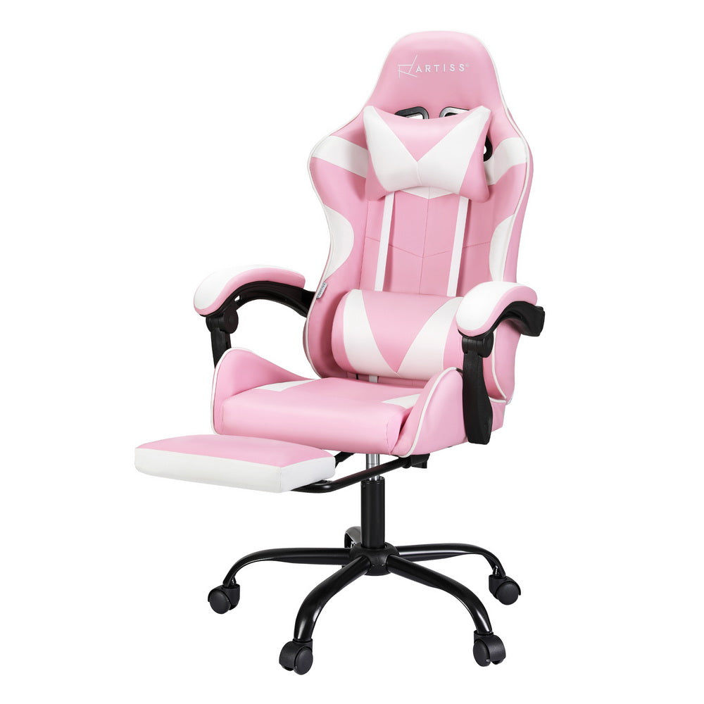 Racer Office Chair with Massage & Footrest - Pink - Homecoze