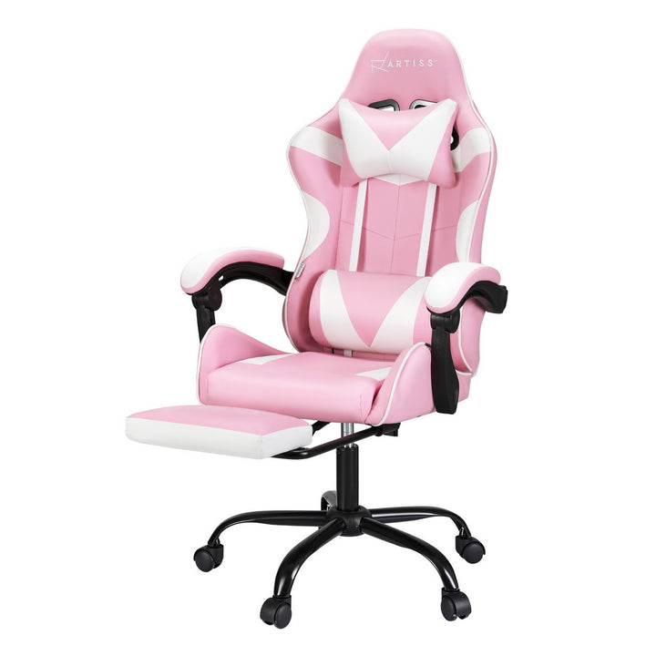 Racer Office Chair with Massage & Footrest - Pink