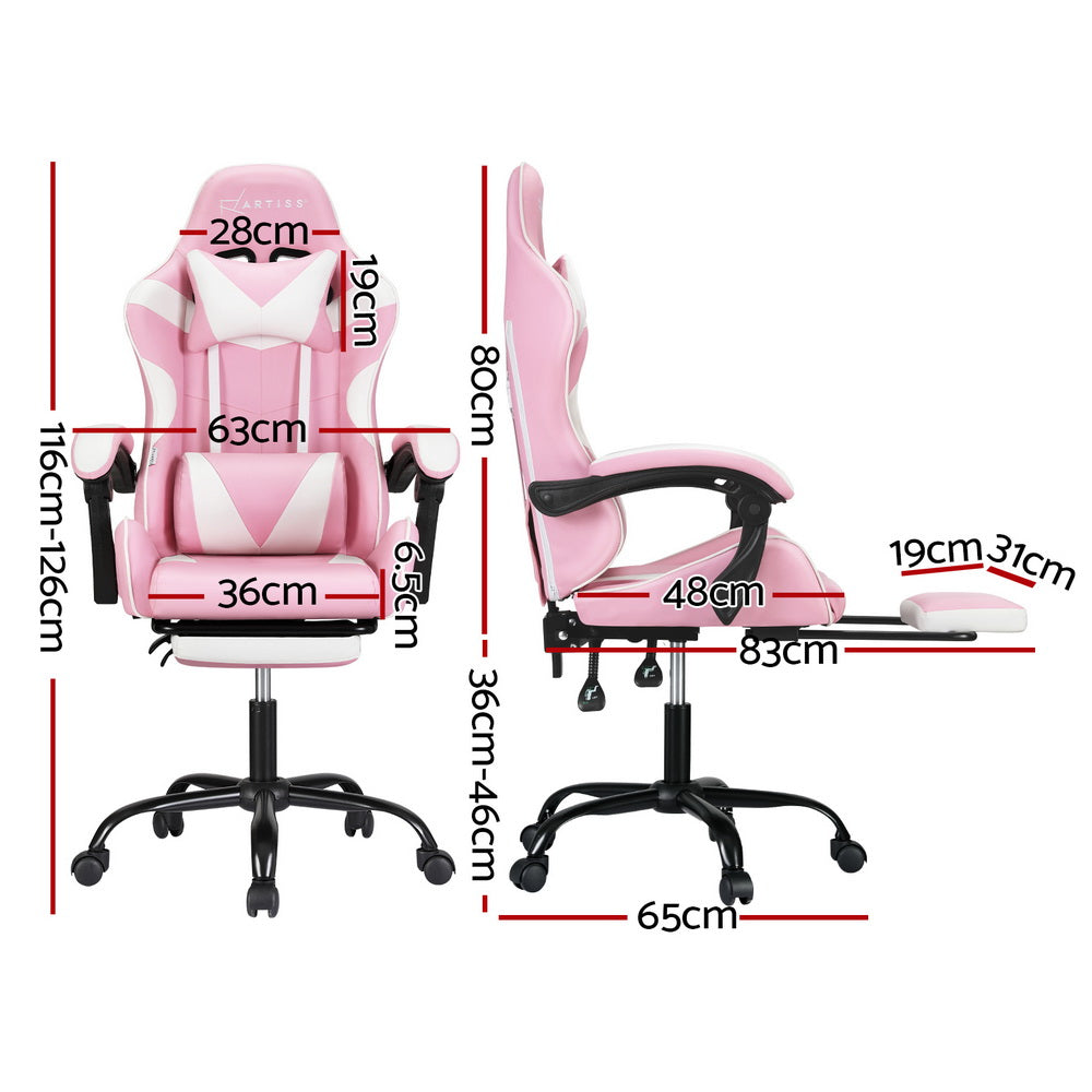 Racer Office Chair with Massage & Footrest - Pink - Homecoze