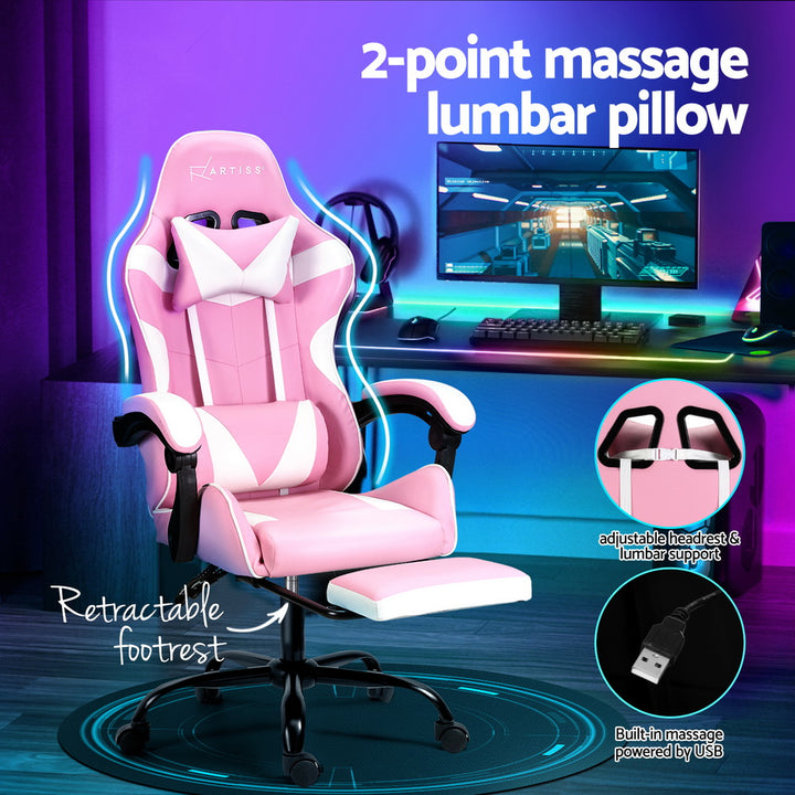 Racer Office Chair with Massage & Footrest - Pink