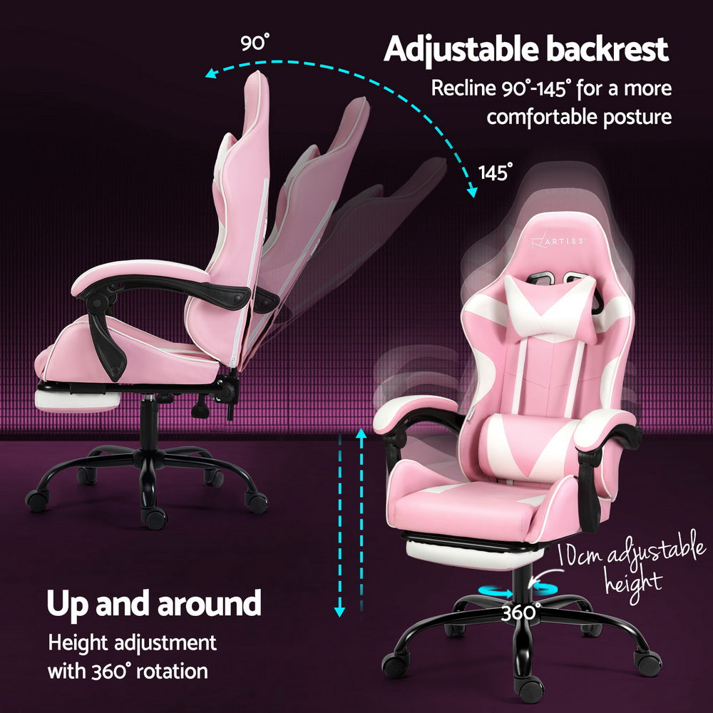 Racer Office Chair with Massage & Footrest - Pink