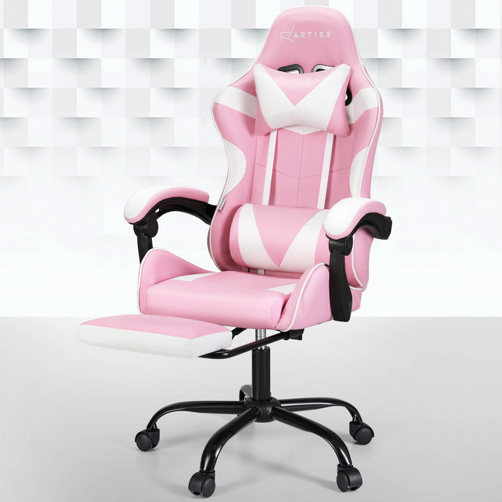 Racer Office Chair with Massage & Footrest - Pink