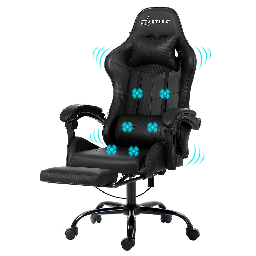 Racer Office Chair with 6-Point Massage & Footrest - Black - Homecoze