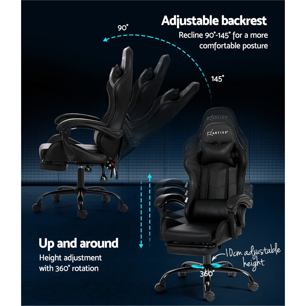 Racer Office Chair with 6-Point Massage & Footrest - Black - Homecoze