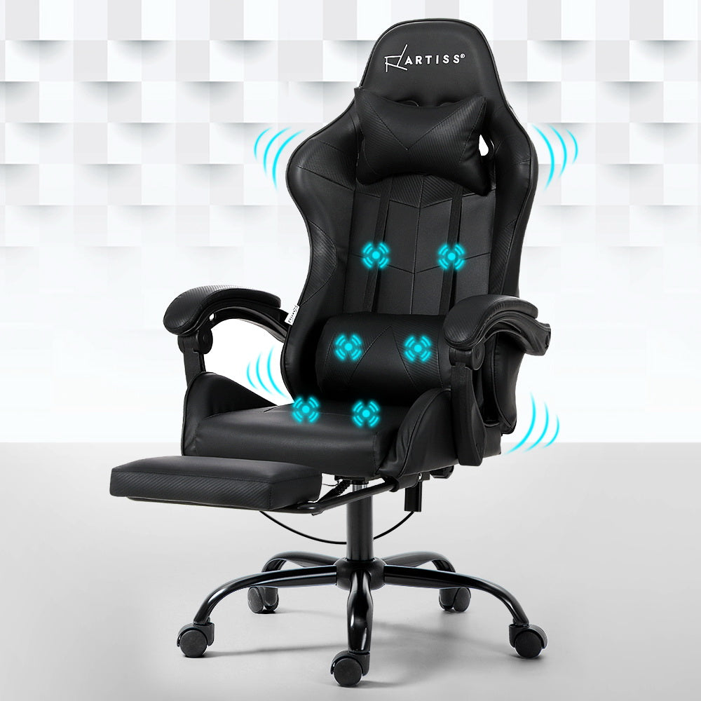 Racer Office Chair with 6-Point Massage & Footrest - Black - Homecoze