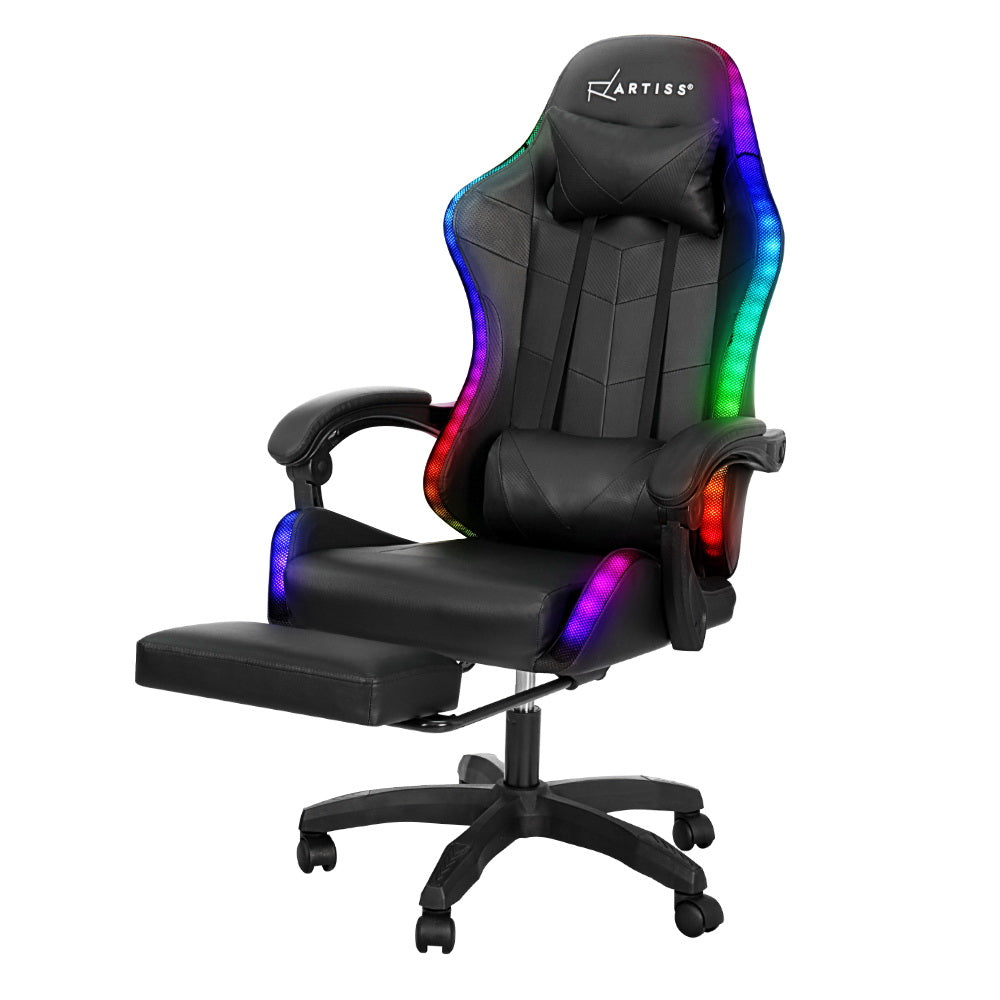 Racer LED Office Chair with Massage & Footrest - Black - Homecoze