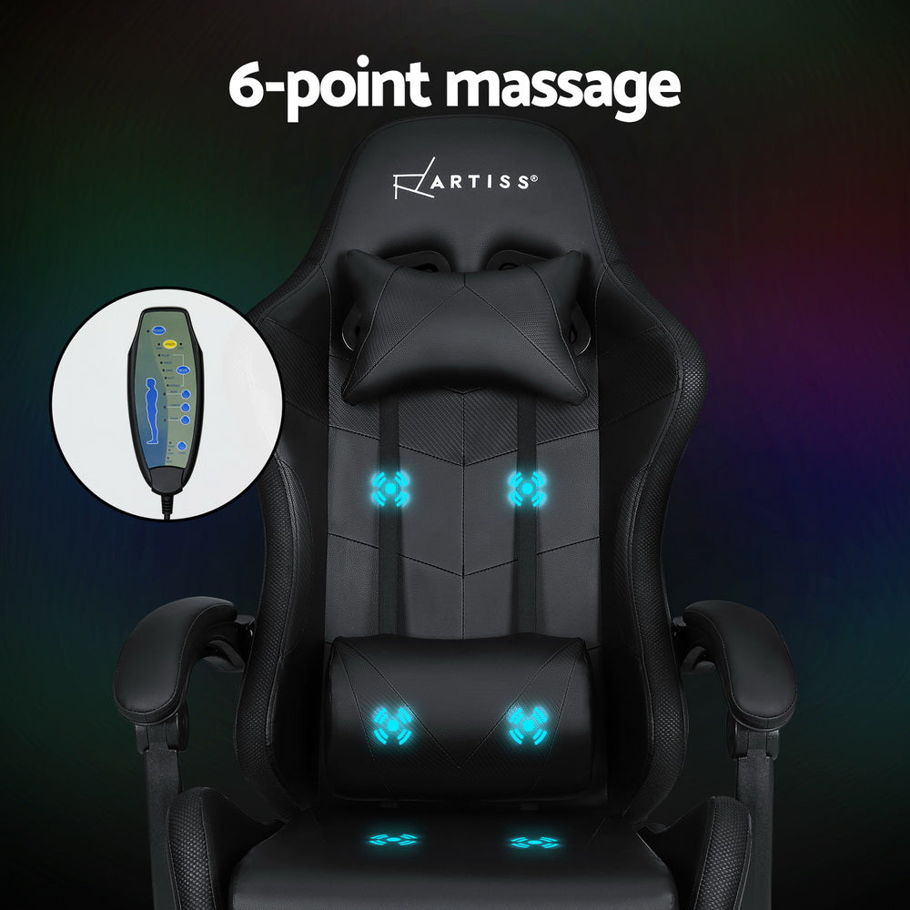 Racer LED Office Chair with Massage & Footrest - Black - Homecoze