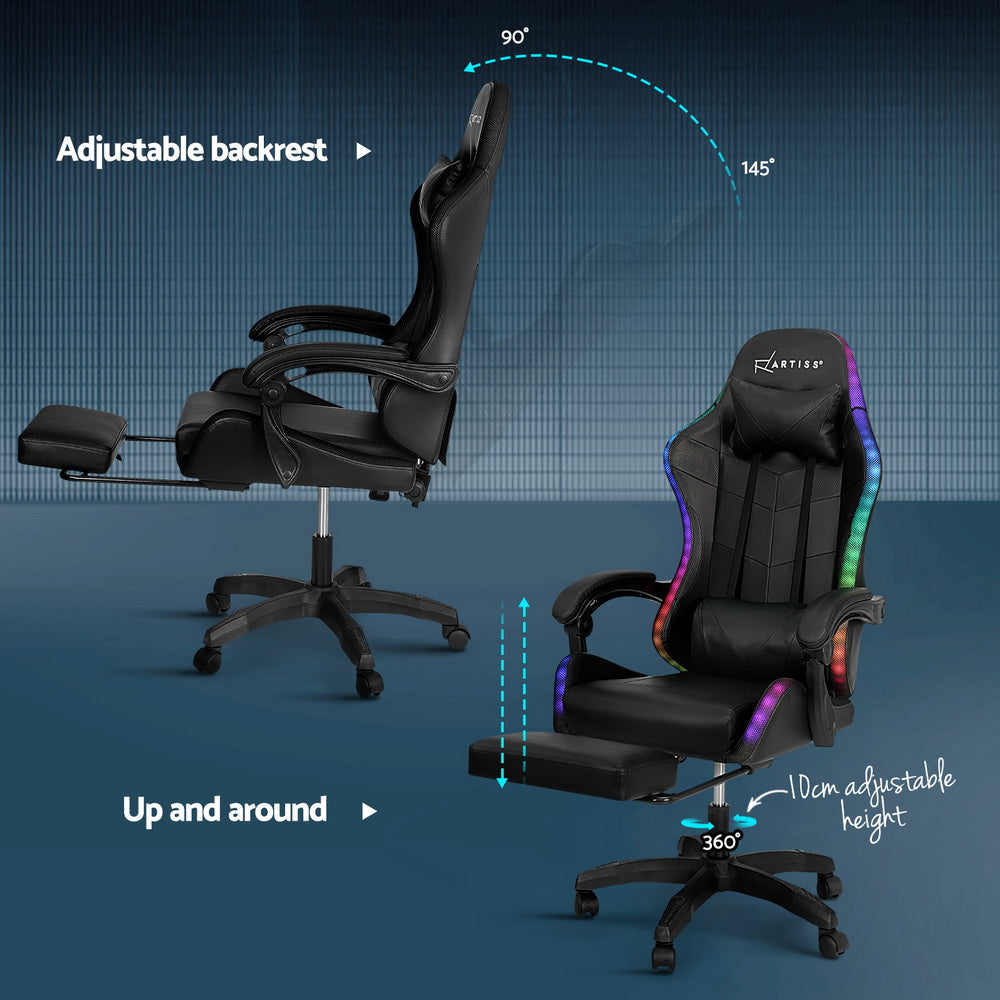 Racer LED Office Chair with Massage & Footrest - Black - Homecoze