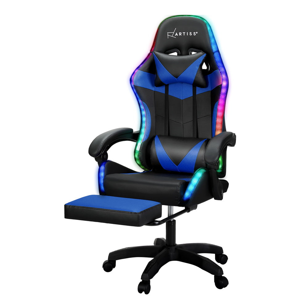 Racer LED Office Chair with Massage & Footrest - Blue - Homecoze