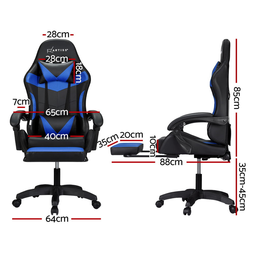 Racer LED Office Chair with Massage & Footrest - Blue - Homecoze