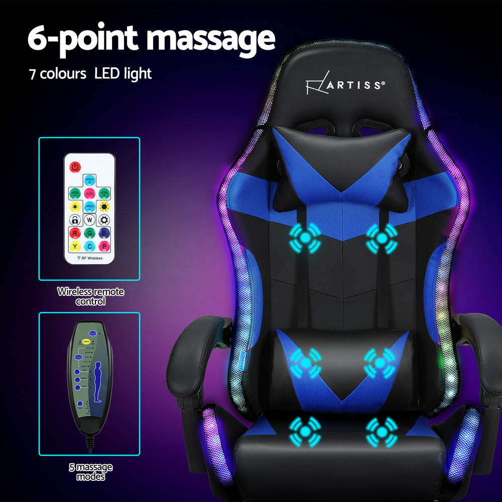 Racer LED Office Chair with Massage & Footrest - Blue - Homecoze