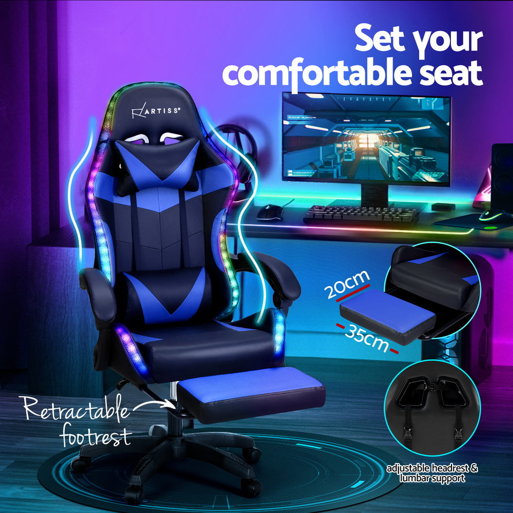 Racer LED Office Chair with Massage & Footrest - Blue - Homecoze