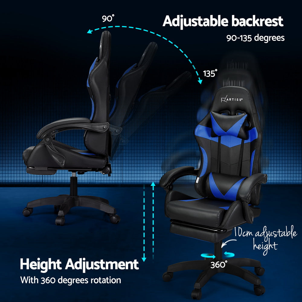 Racer LED Office Chair with Massage & Footrest - Blue - Homecoze