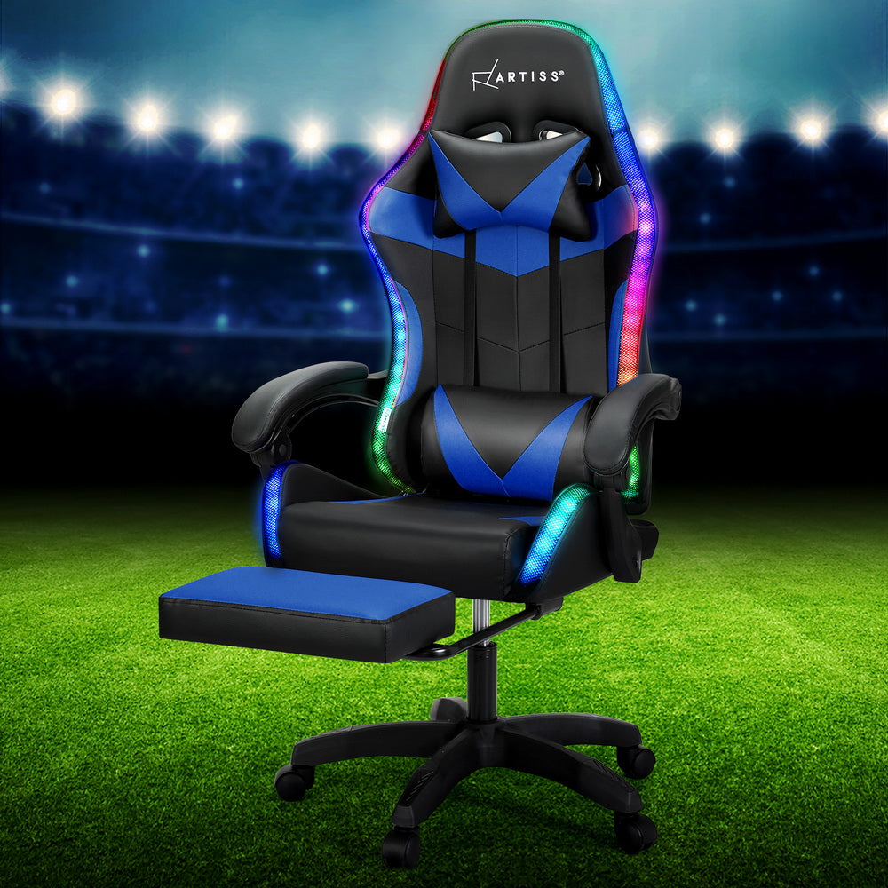 Racer LED Office Chair with Massage & Footrest - Blue - Homecoze