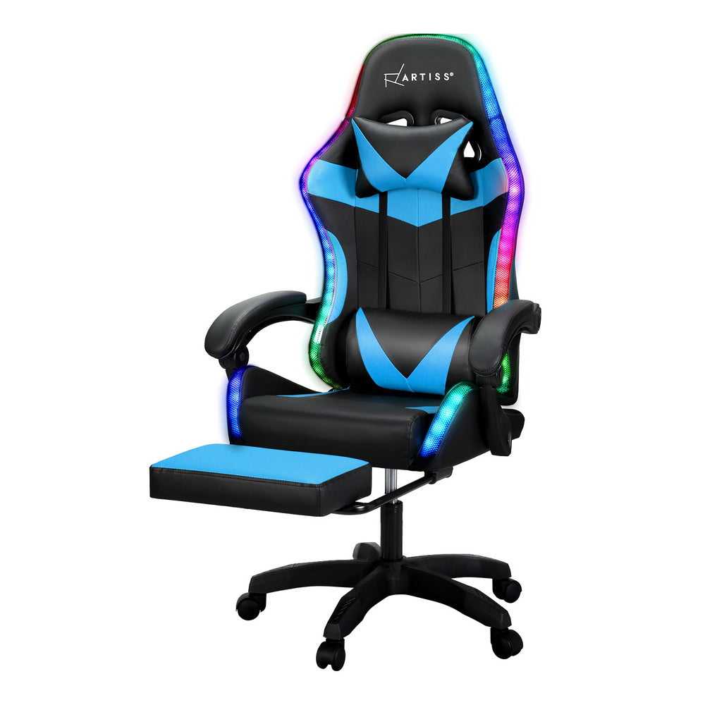 Racer LED Office Chair with Massage & Footrest - Cyan Blue - Homecoze