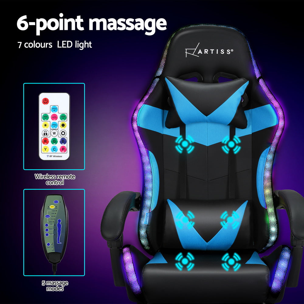 Racer LED Office Chair with Massage & Footrest - Cyan Blue - Homecoze