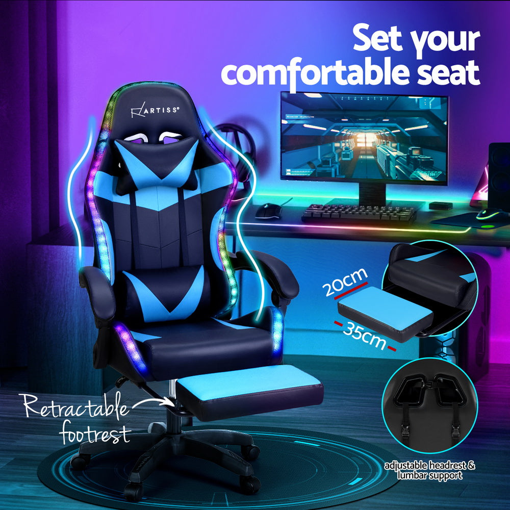 Racer LED Office Chair with Massage & Footrest - Cyan Blue - Homecoze