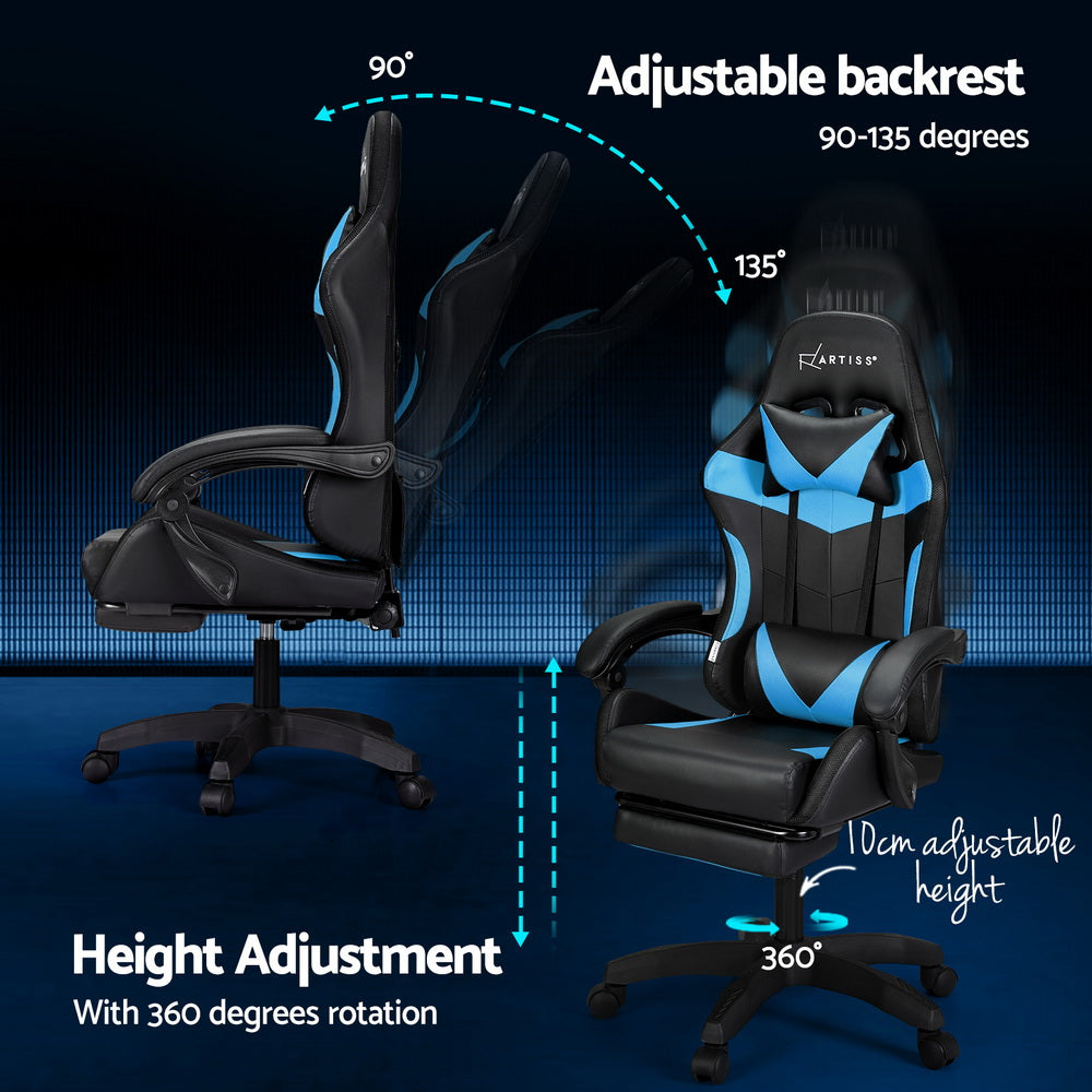Racer LED Office Chair with Massage & Footrest - Cyan Blue - Homecoze