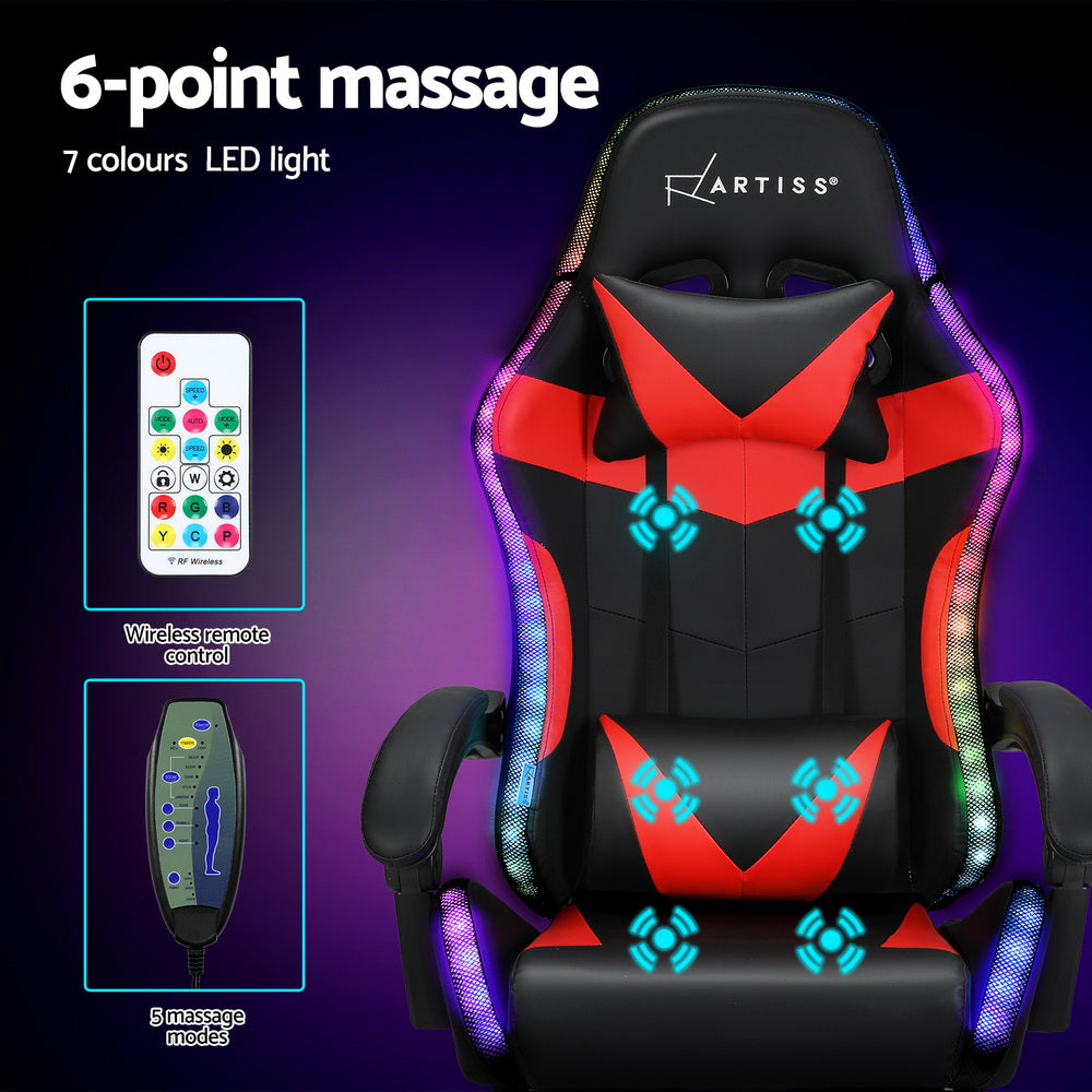 Racer LED Office Chair with Massage & Footrest - Red - Homecoze
