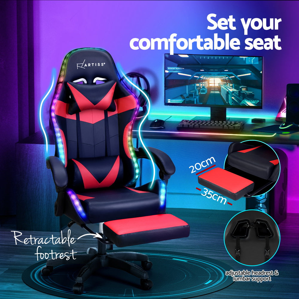 Racer LED Office Chair with Massage & Footrest - Red - Homecoze