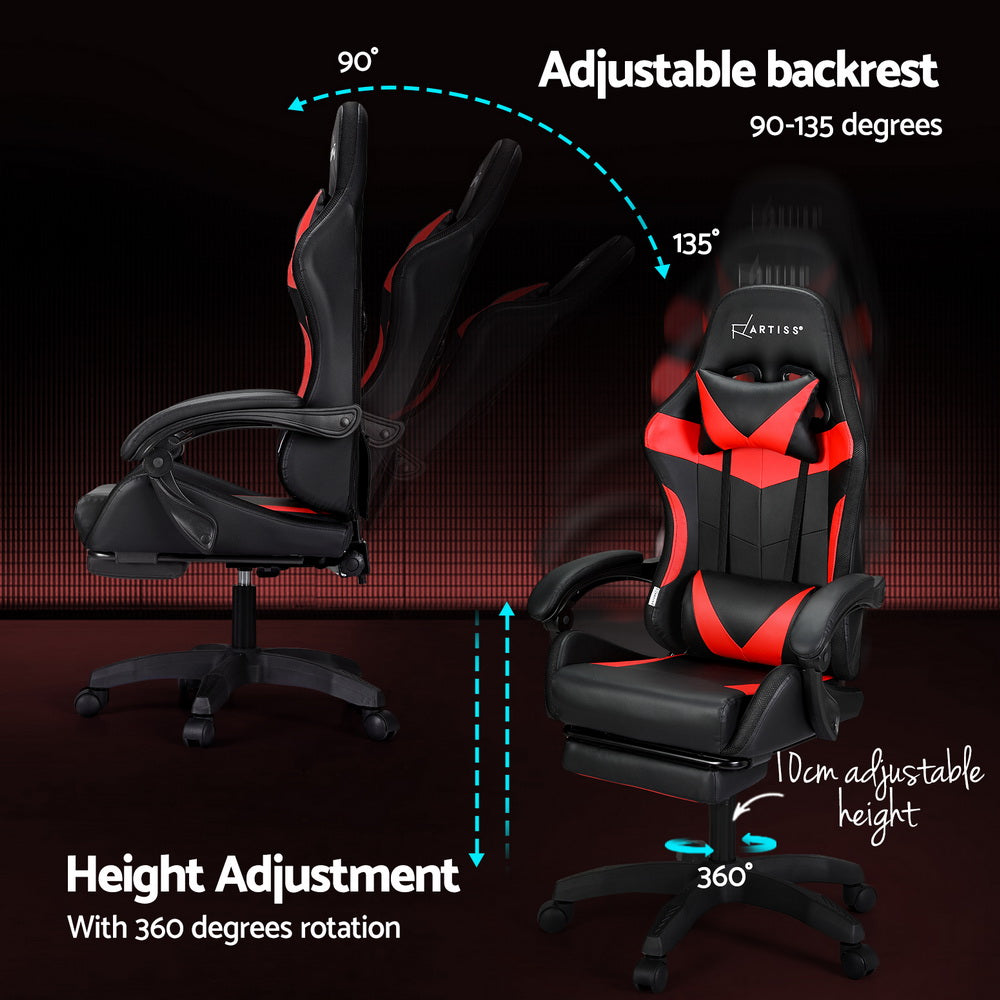 Racer LED Office Chair with Massage & Footrest - Red - Homecoze