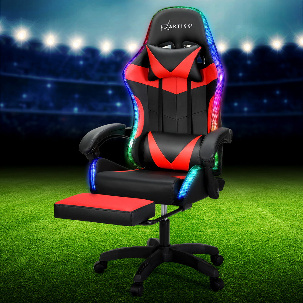 Racer LED Office Chair with Massage & Footrest - Red - Homecoze