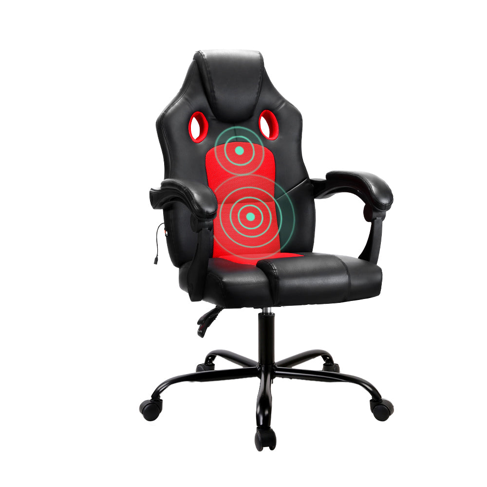 Gaming Race Style Massaging Office Chair PU Leather - Red