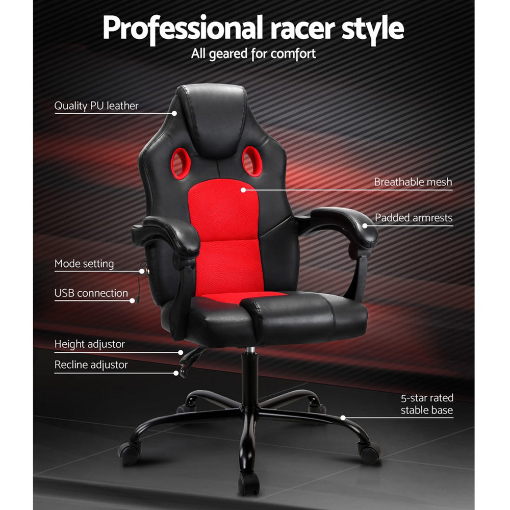 Gaming Race Style Massaging Office Chair PU Leather - Red - Homecoze